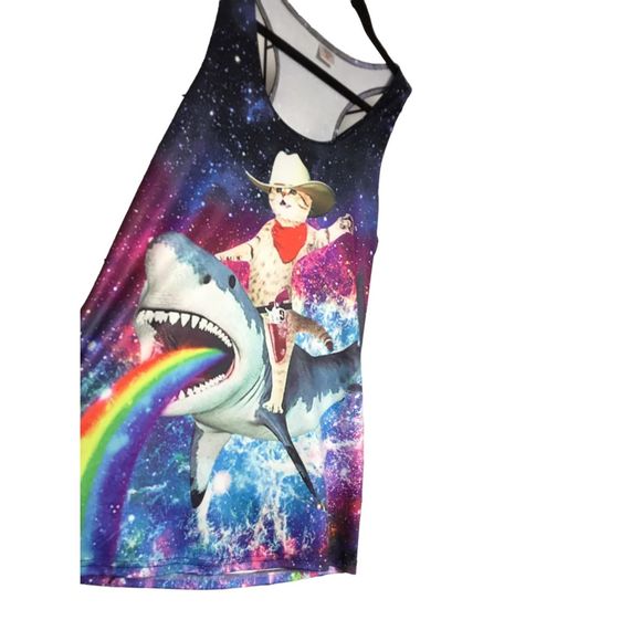 SOLD Cowboy cat riding a shark Racerback Tank - Picture 5 of 5